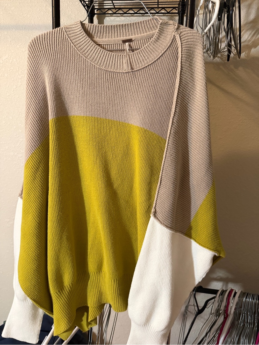 Free People Beige, Yellow & White Colorblock Crewneck Sweater